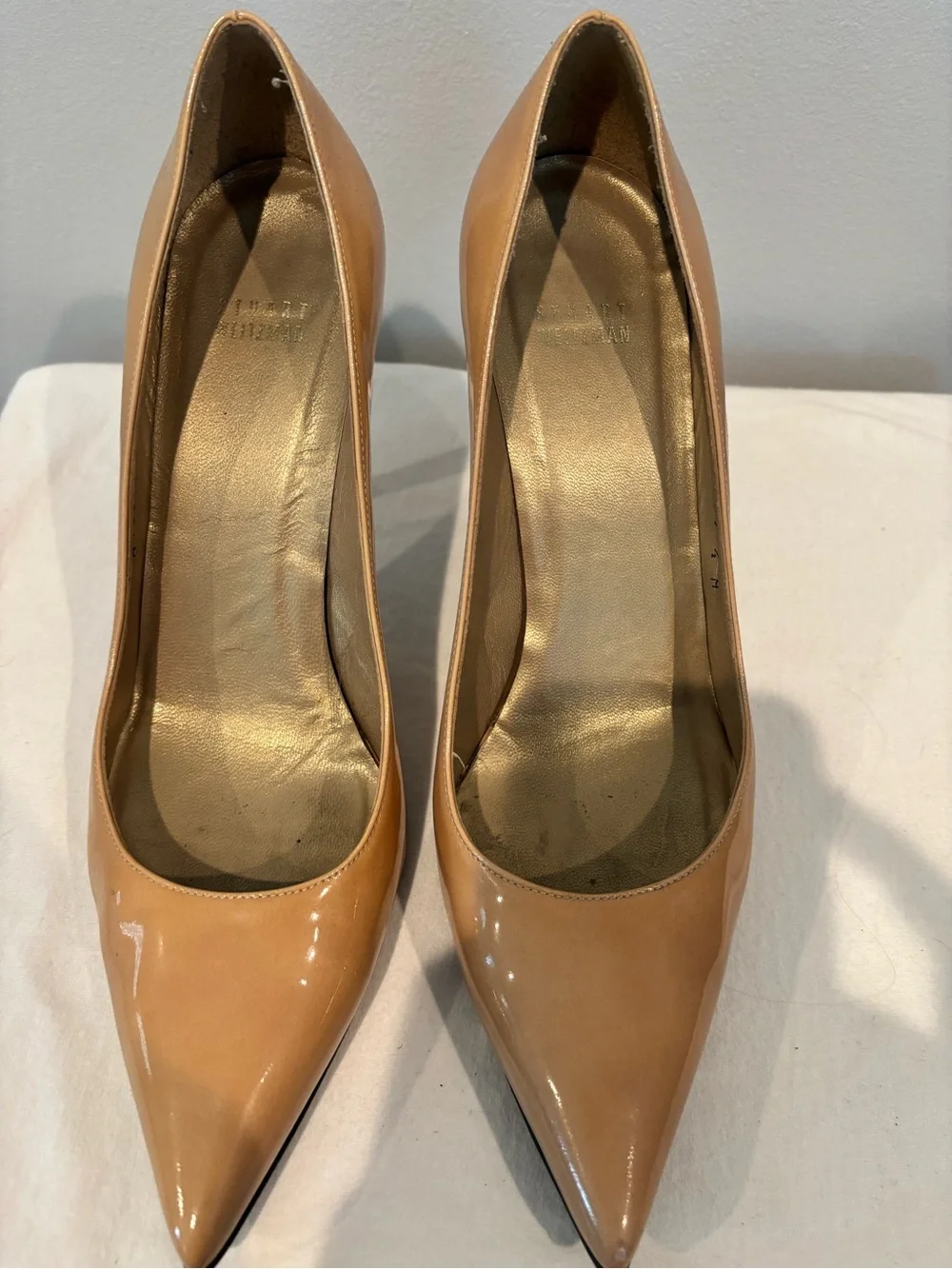 Stuart Weitzman Patent Nude Pointed-Toe Stiletto Pumps